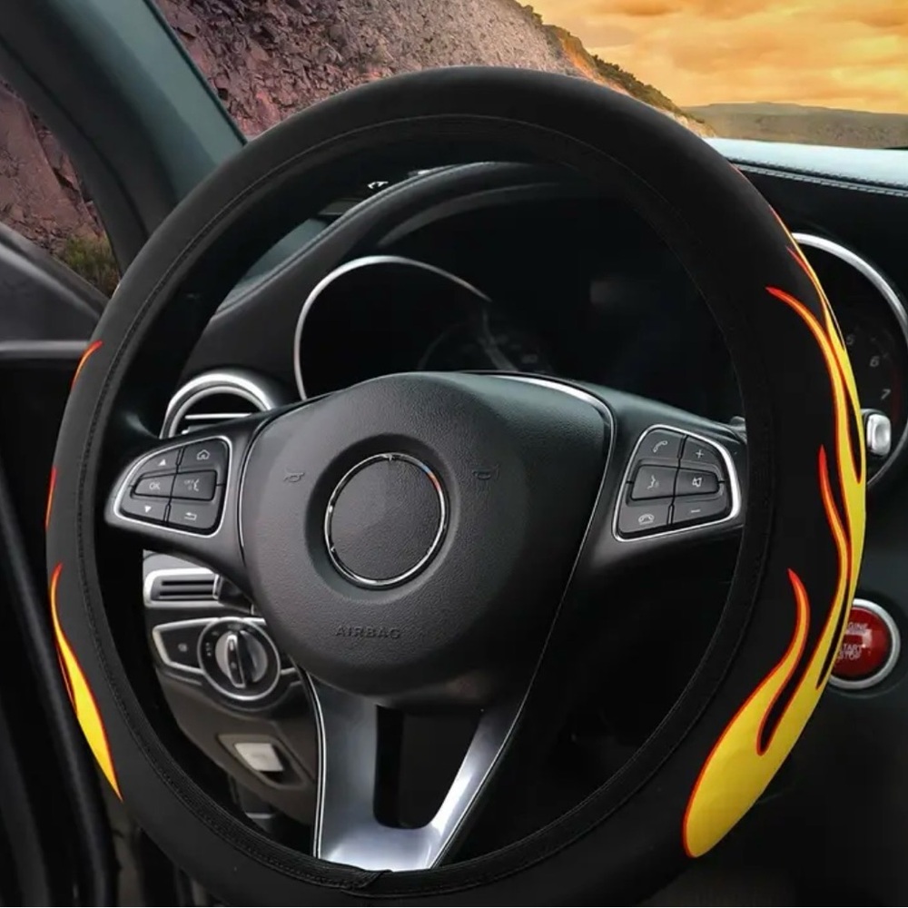 Black and Yellow Flames Y2K Vintage Steering Wheel Cover